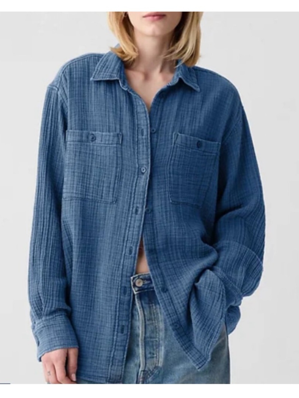 GAP Crinkle Gauze Indigo Blue Lightweight Button-Up Shirt Jacket